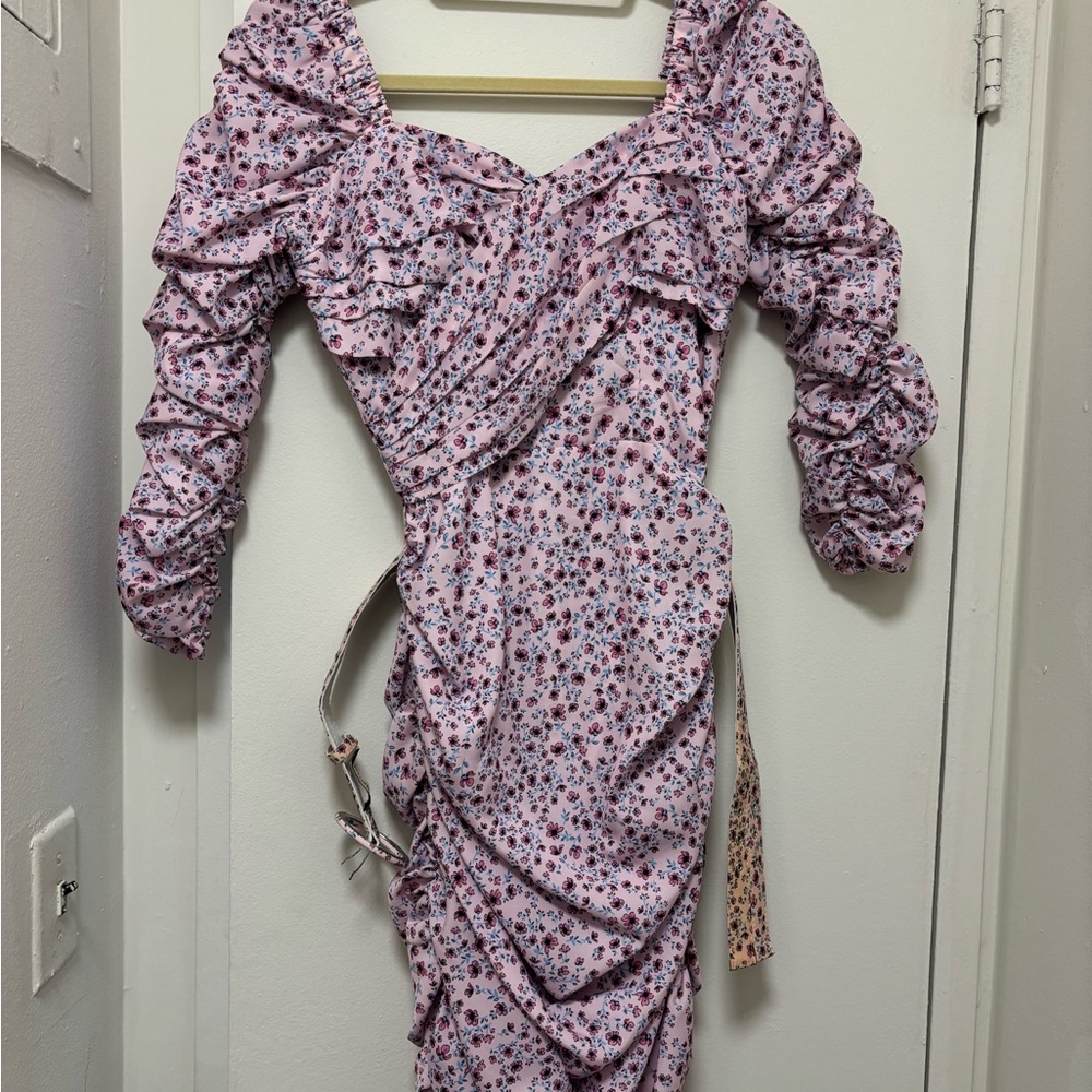 NICHOLAS Pink Ruched Tie Front Bodycon Dress